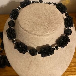 Miriam Haskell Black Beaded Necklace with Faceted Accents w Matching Bracelet